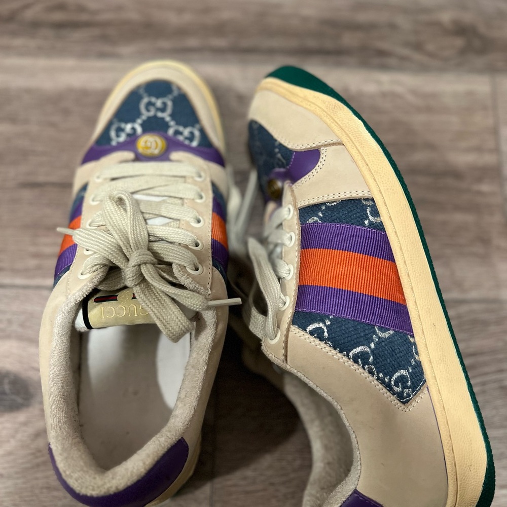 Gucci Style Beige and Purple Sneakers with Orange Stripes